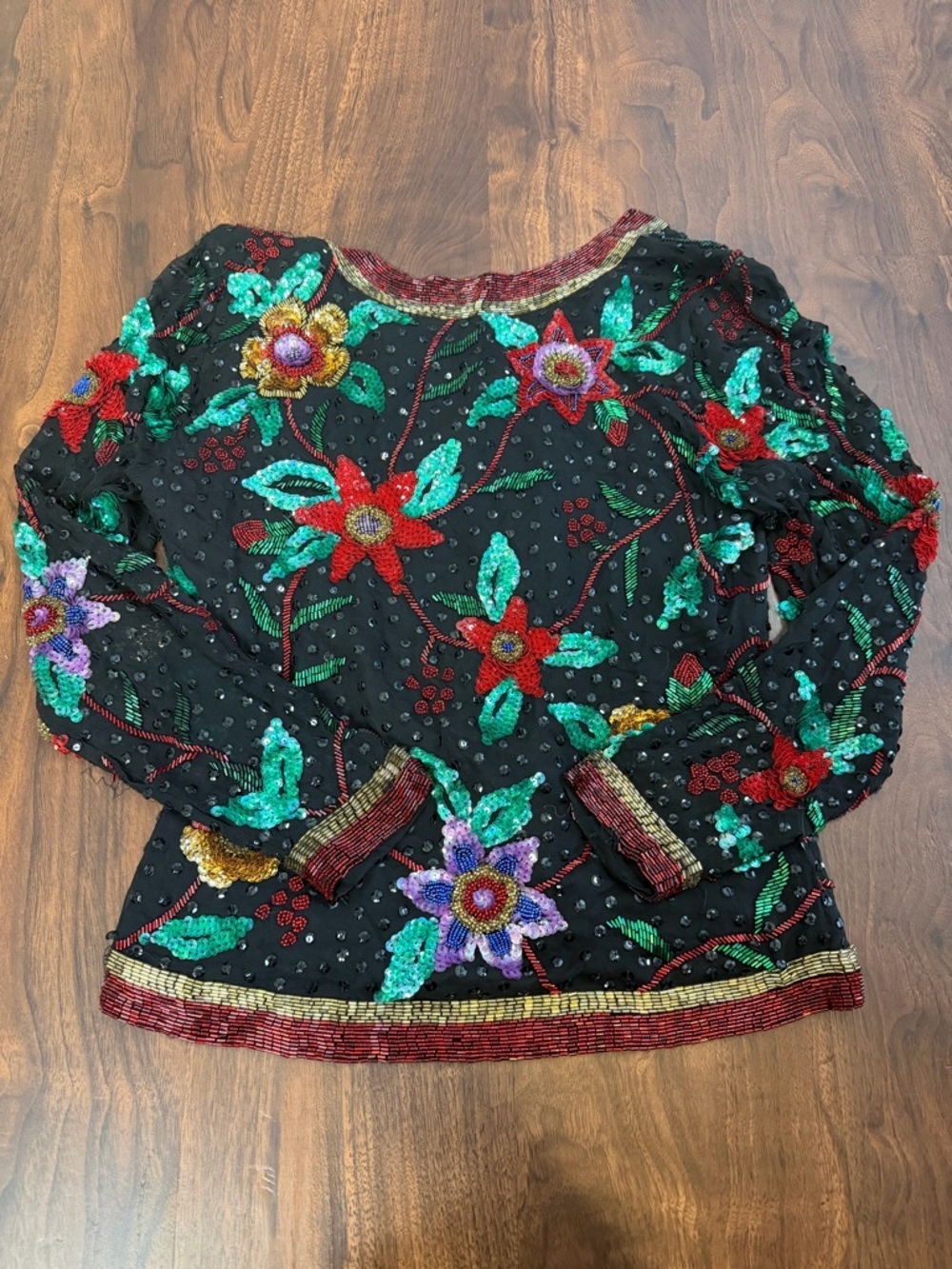 Vintage 80's Oleg Cassini Sequin Beaded Silk Floral Multicolor Blouse